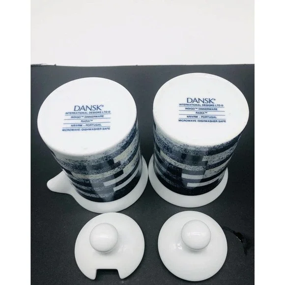 DANSK Radia INDIGO Sugar & Creamer With Lids 2 Mugs Cups Blue White Coffee A1 - Picture 6 of 8